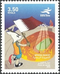 Colnect-1663-195-Orry-with-flag-of-Qatar-over-the-Khalifa-Stadium.jpg