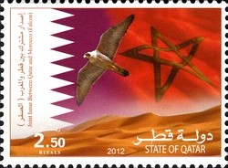 Colnect-1665-033-Flags-of-Quatar-and-Morocco-Falcon-over-Dunes.jpg