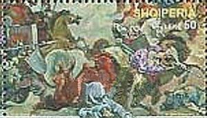 Colnect-1533-584-Scene-of-warriors-in-battle-painted-by-Naxhi-Bakalli.jpg