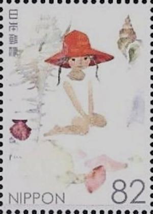 Colnect-3488-069-Girl-Wearing-Red-Hat-Sea-Shells.jpg