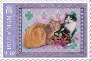 Colnect-4605-746-Ginger-and-Black-and-White-Manx-cats-on-a-Fuschia-Quilt.jpg