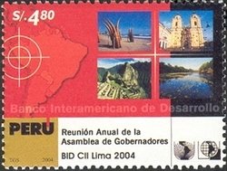 Colnect-1557-487-Map-of-SAmerica-Machu-Picchu-typical-boats-and-river.jpg