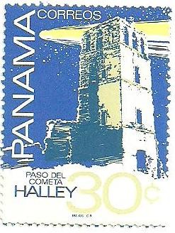 Colnect-1724-017-Comet-Over-Old-Panama-Cathedral-Tower.jpg