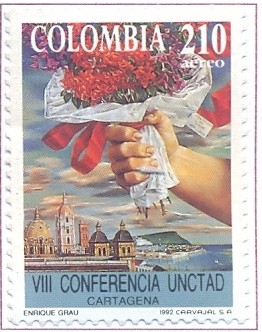Colnect-2498-465-Hand-with-Bouquet-View-of-the-port-city-of-Cartagena.jpg