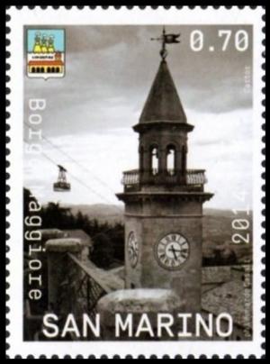 Colnect-5296-704-bell-tower-Borgo-Maggiore-and-cable-car.jpg