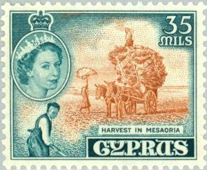 Colnect-169-342-Queen-Elizabeth-II--amp--Harvest-in-Mesaoria.jpg